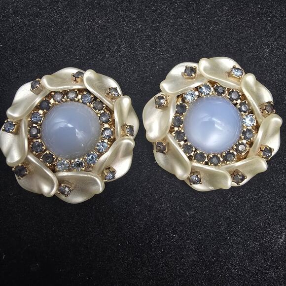 Blue Moon Glow Rhinestone Earrings Clip On Faux Pearl Vintage Jewelry - Picture 1 of 5